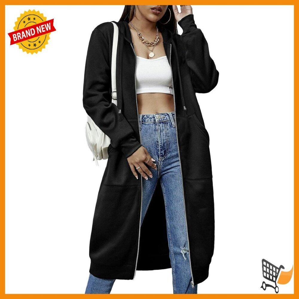 Knee Length Zip Up Fleece Hoodie Tunic Sweatshirt S-XXXL